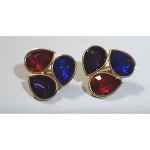 Vintage Rhinestone Cluster Teardrop Earrings Clip On Gold Tone Red Blue Purple